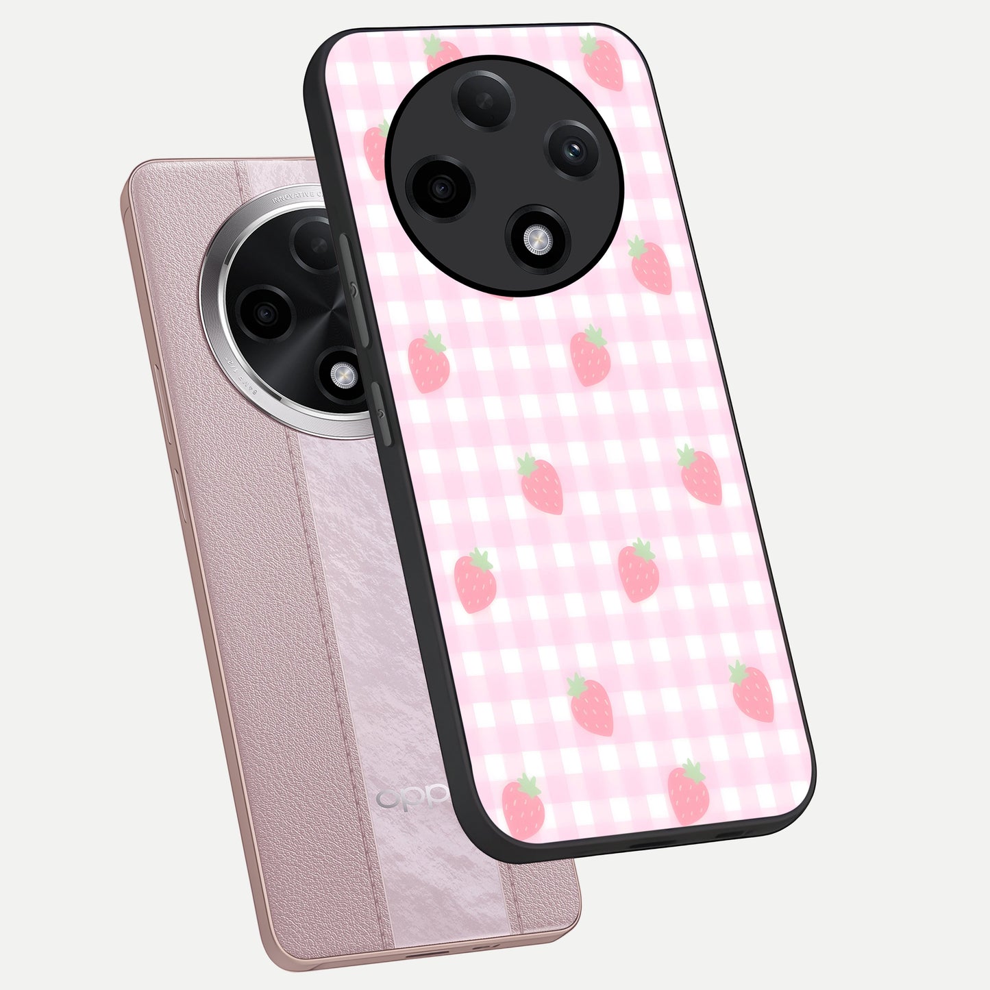  Strawberry Picnic Love phone case For Oppo F27 Pro Plus showing premium glass back cover with detailed artwork