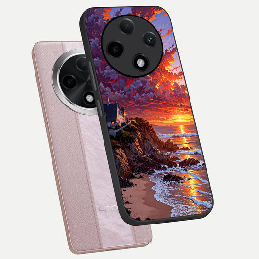  Sunset House By Sea phone case For Oppo F27 Pro Plus showing premium glass back cover with detailed artwork
