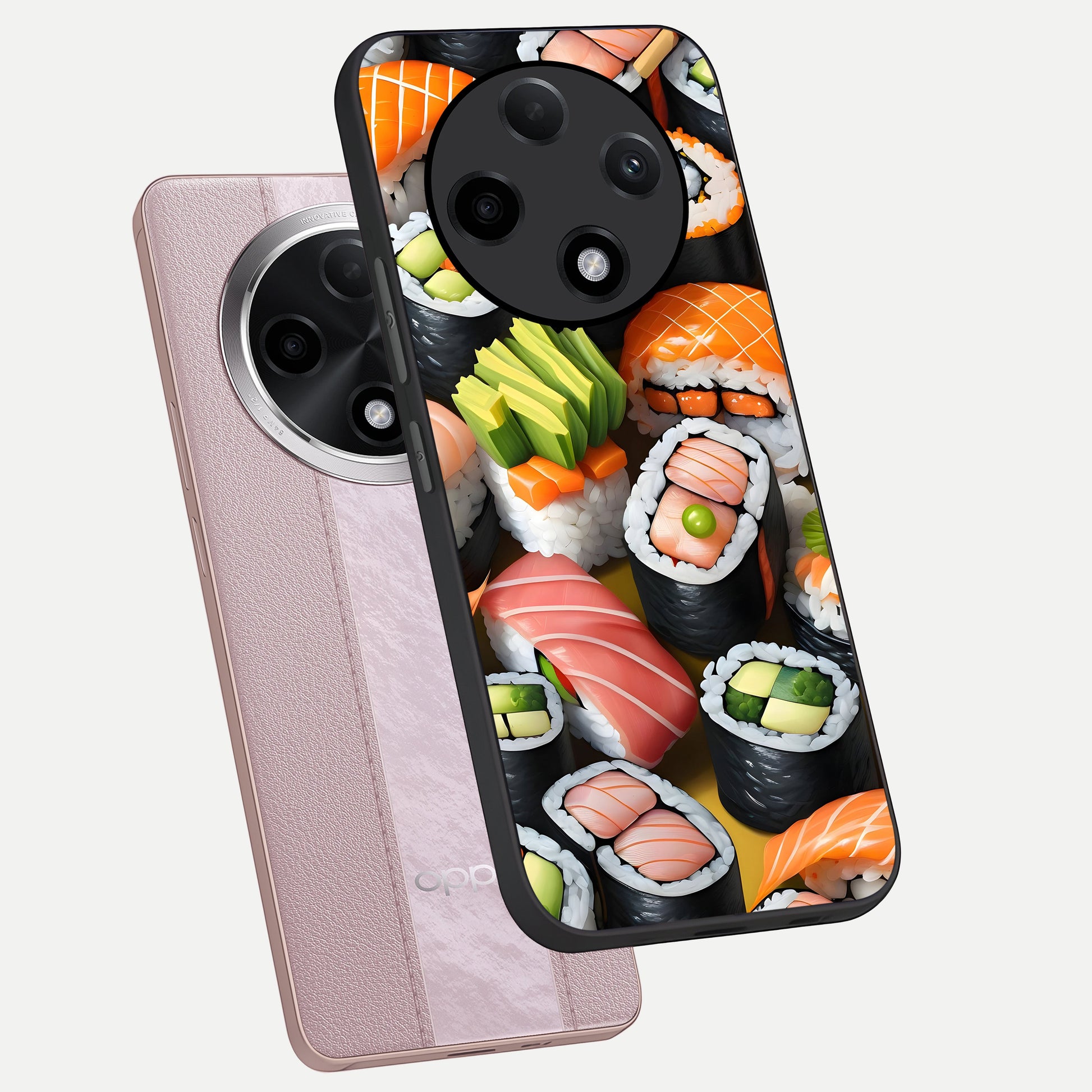  Sushi Food Pattern phone case For Oppo F27 Pro Plus showing premium glass back cover with detailed artwork