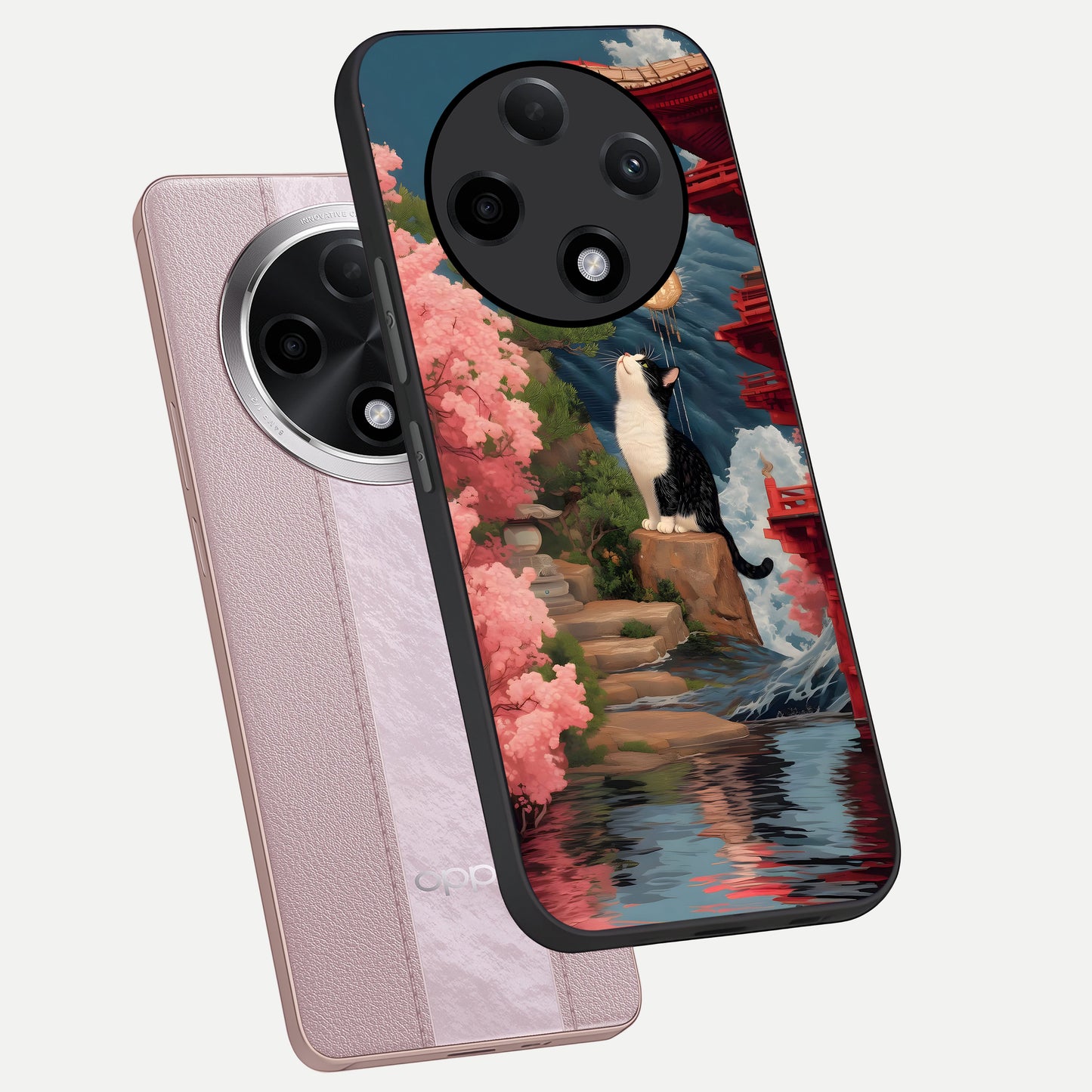  Temple Cat Scenery phone case For Oppo F27 Pro Plus showing premium glass back cover with detailed artwork