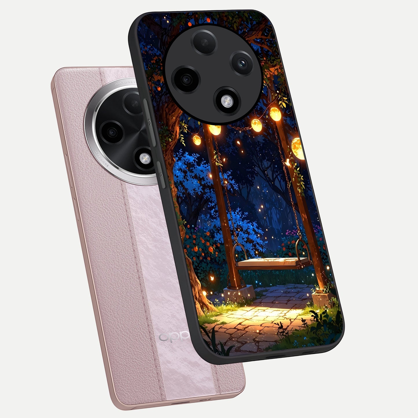  Twilight Garden Swing phone case For Oppo F27 Pro Plus showing premium glass back cover with detailed artwork