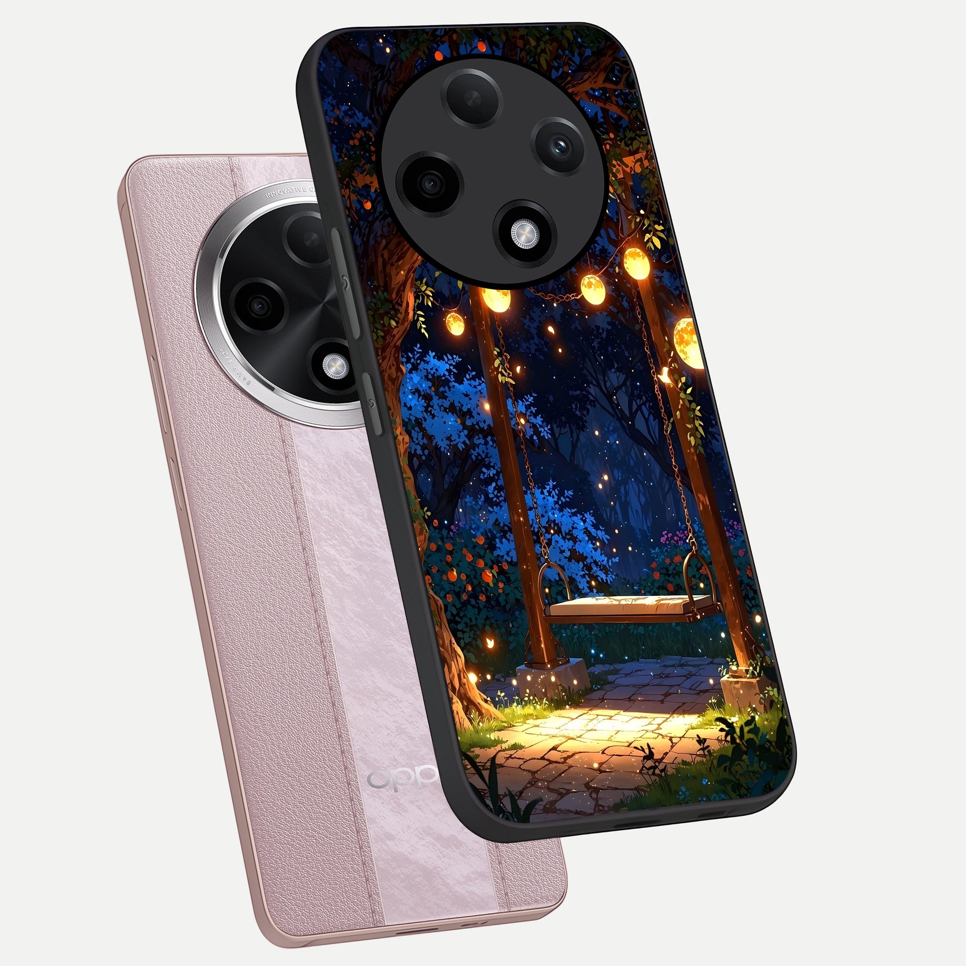  Twilight Garden Swing phone case For Oppo F27 Pro Plus showing premium glass back cover with detailed artwork