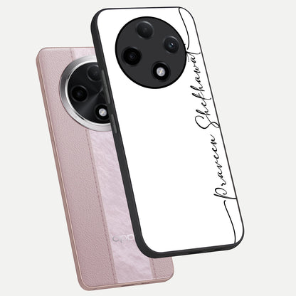  White Tune Custom Name phone case For Oppo F27 Pro Plus showing premium custom name glass back cover