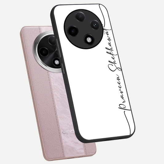  White Tune Custom Name phone case For Oppo F27 Pro Plus showing premium custom name glass back cover