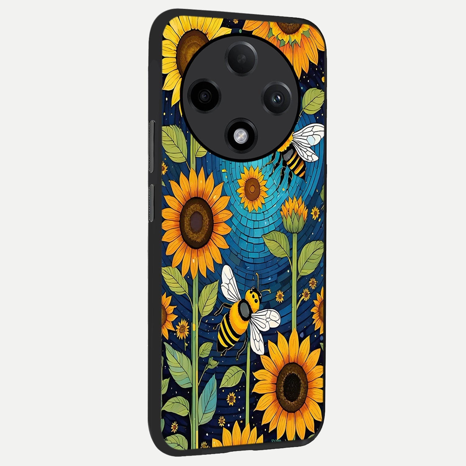  Bees And Sunflowers back cover For Oppo F27 Pro Plus slim fit glass case with vibrant aesthetic design