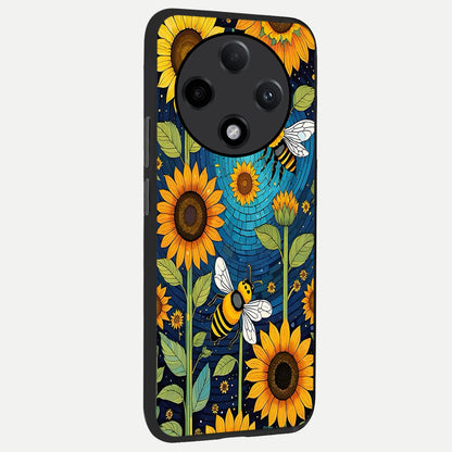  Bees And Sunflowers back cover For Oppo F27 Pro Plus slim fit glass case with vibrant aesthetic design