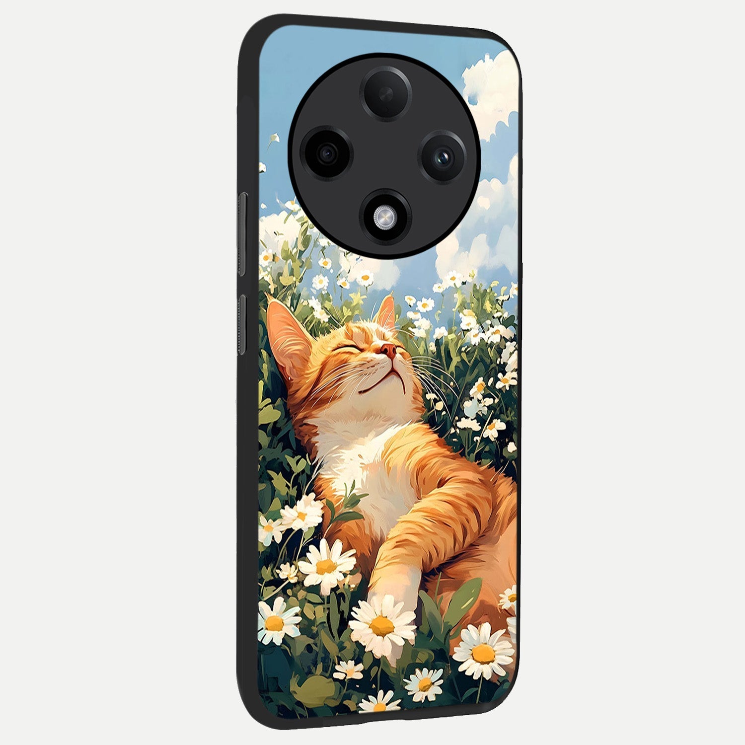  Cat And Flowers View back cover For Oppo F27 Pro Plus slim fit glass case with vibrant aesthetic design