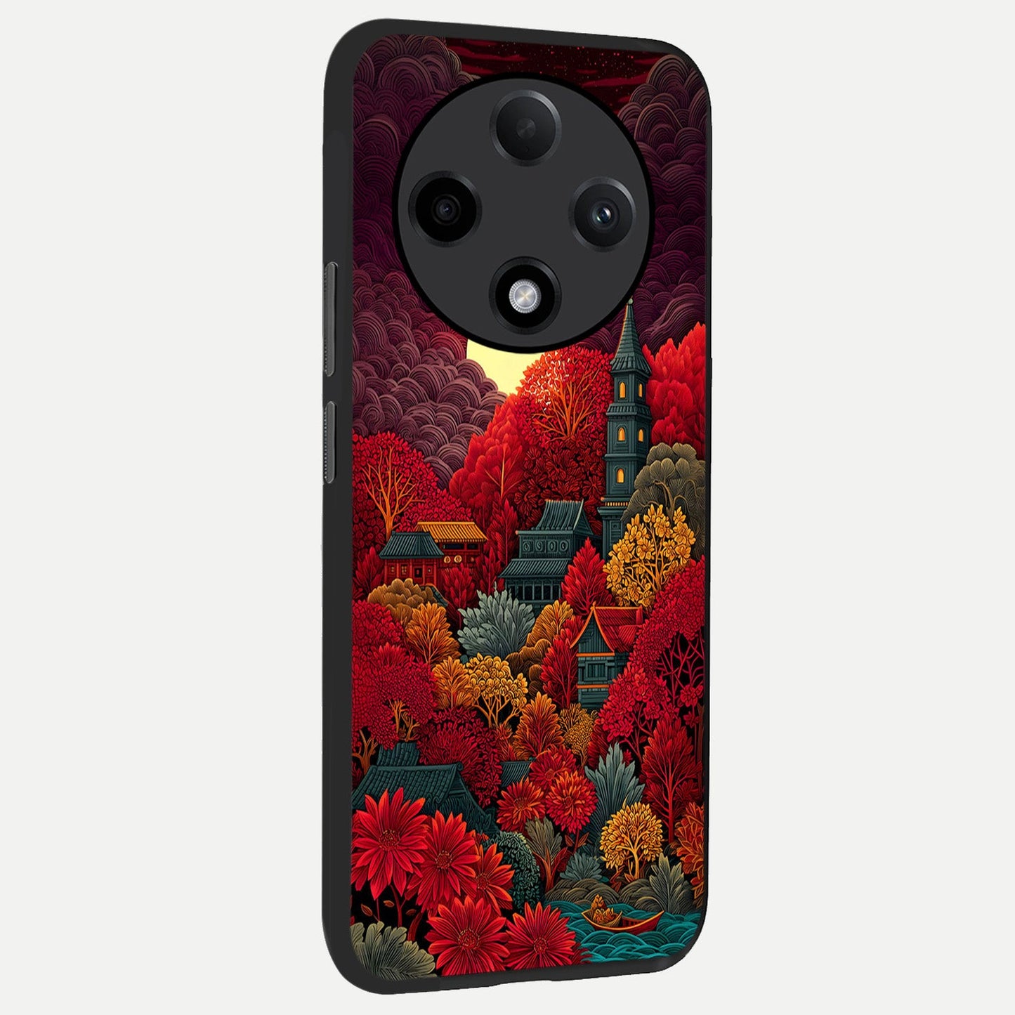  Scarlet Autumn Temple back cover For Oppo F27 Pro Plus slim fit glass case with vibrant aesthetic design