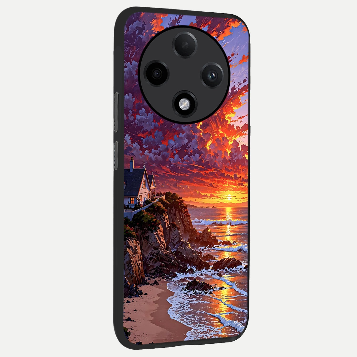 Sunset House By Sea back cover For Oppo F27 Pro Plus slim fit glass case with vibrant aesthetic design