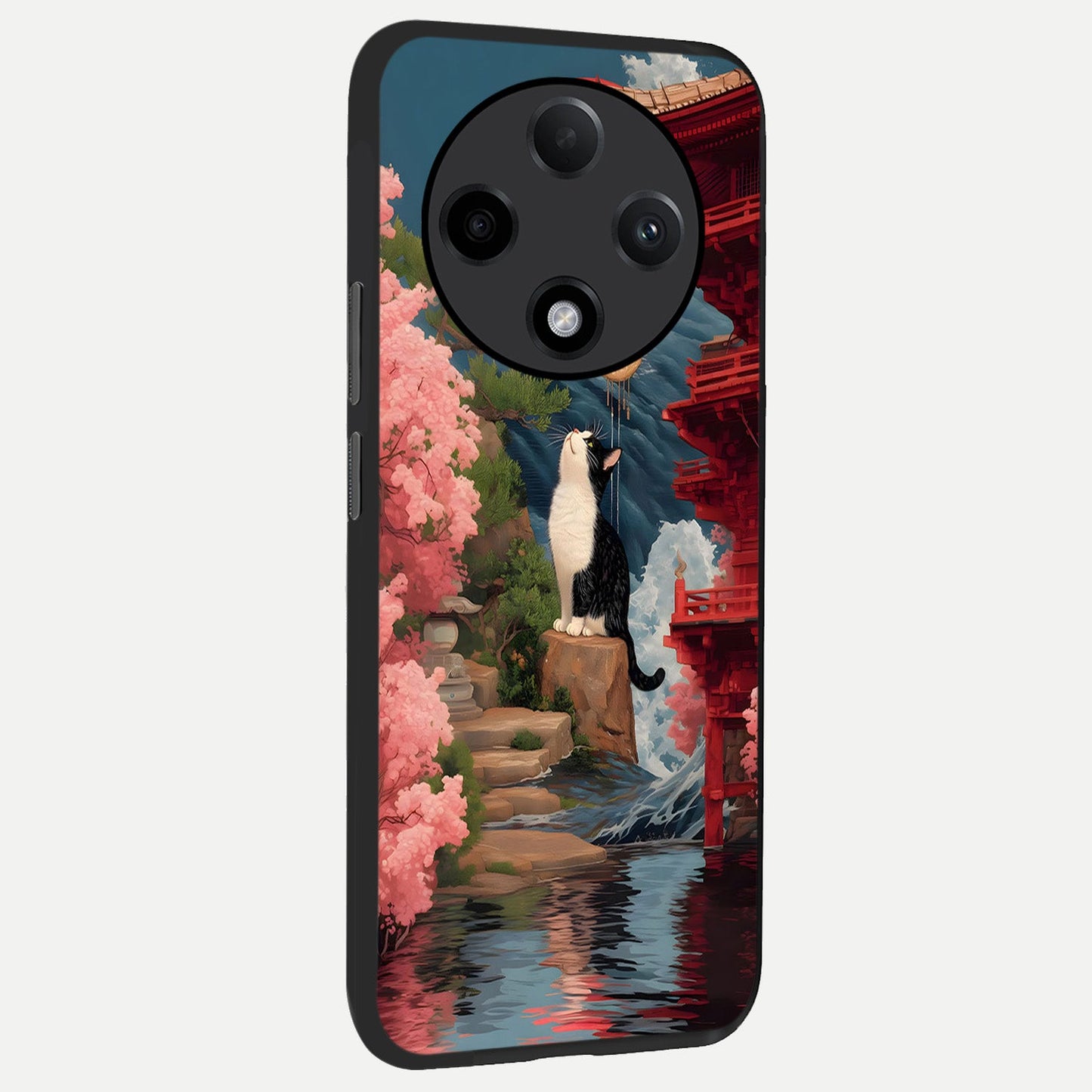  Temple Cat Scenery back cover For Oppo F27 Pro Plus slim fit glass case with vibrant aesthetic design