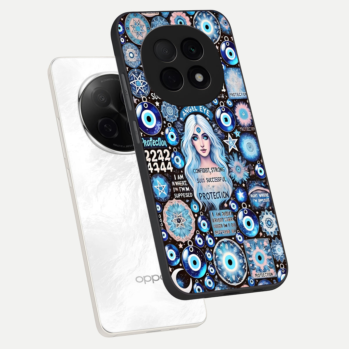  Angel Aura Shield phone case For Oppo F29 Pro 5G showing premium glass back cover with detailed artwork