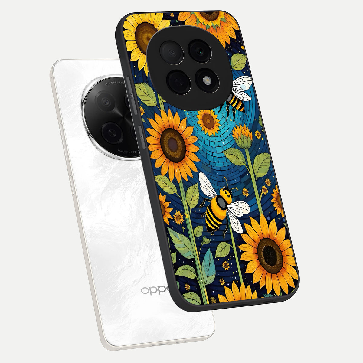  Bees And Sunflowers phone case For Oppo F29 Pro 5G showing premium glass back cover with detailed artwork