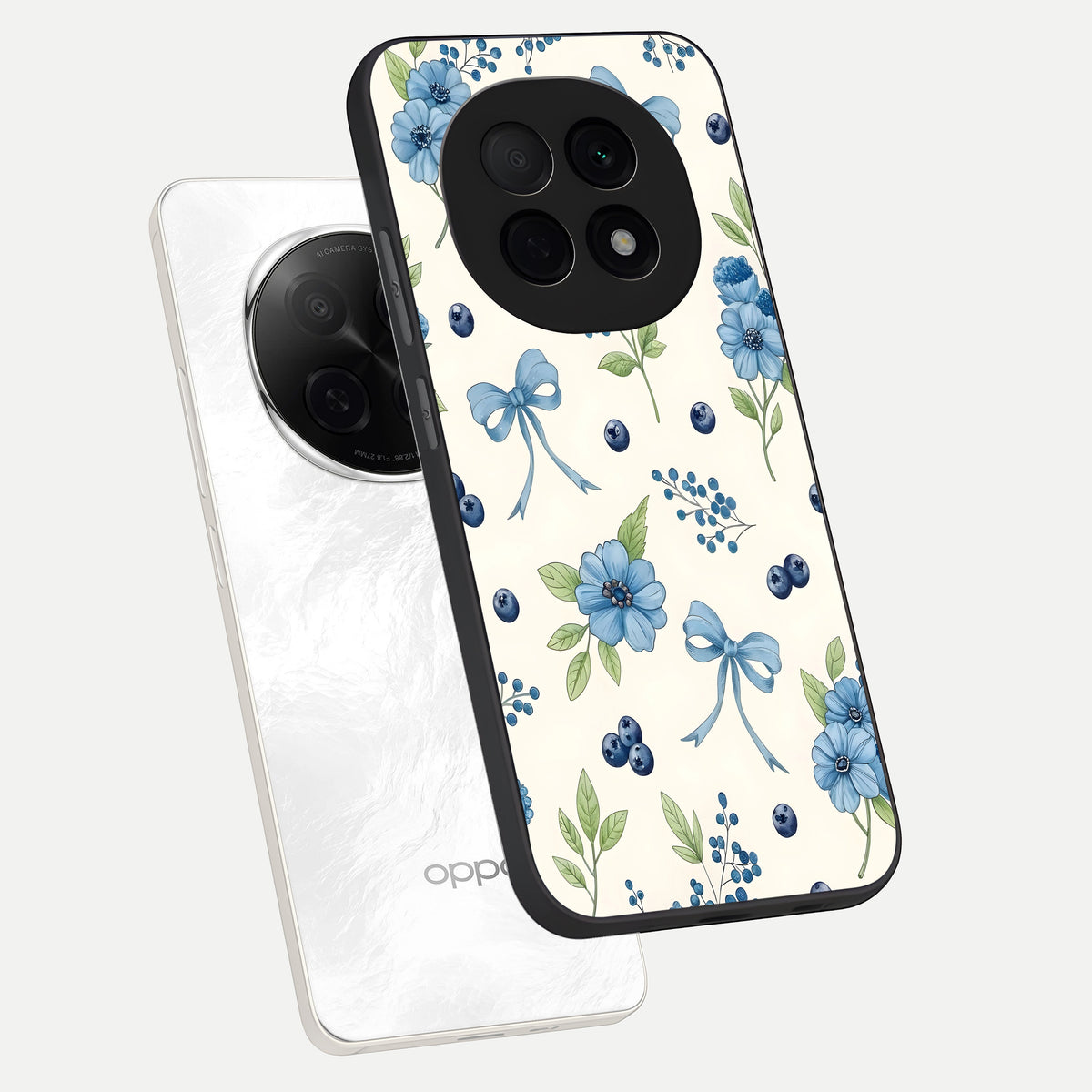  Blue Flower And Bow phone case For Oppo F29 Pro 5G showing premium glass back cover with detailed artwork