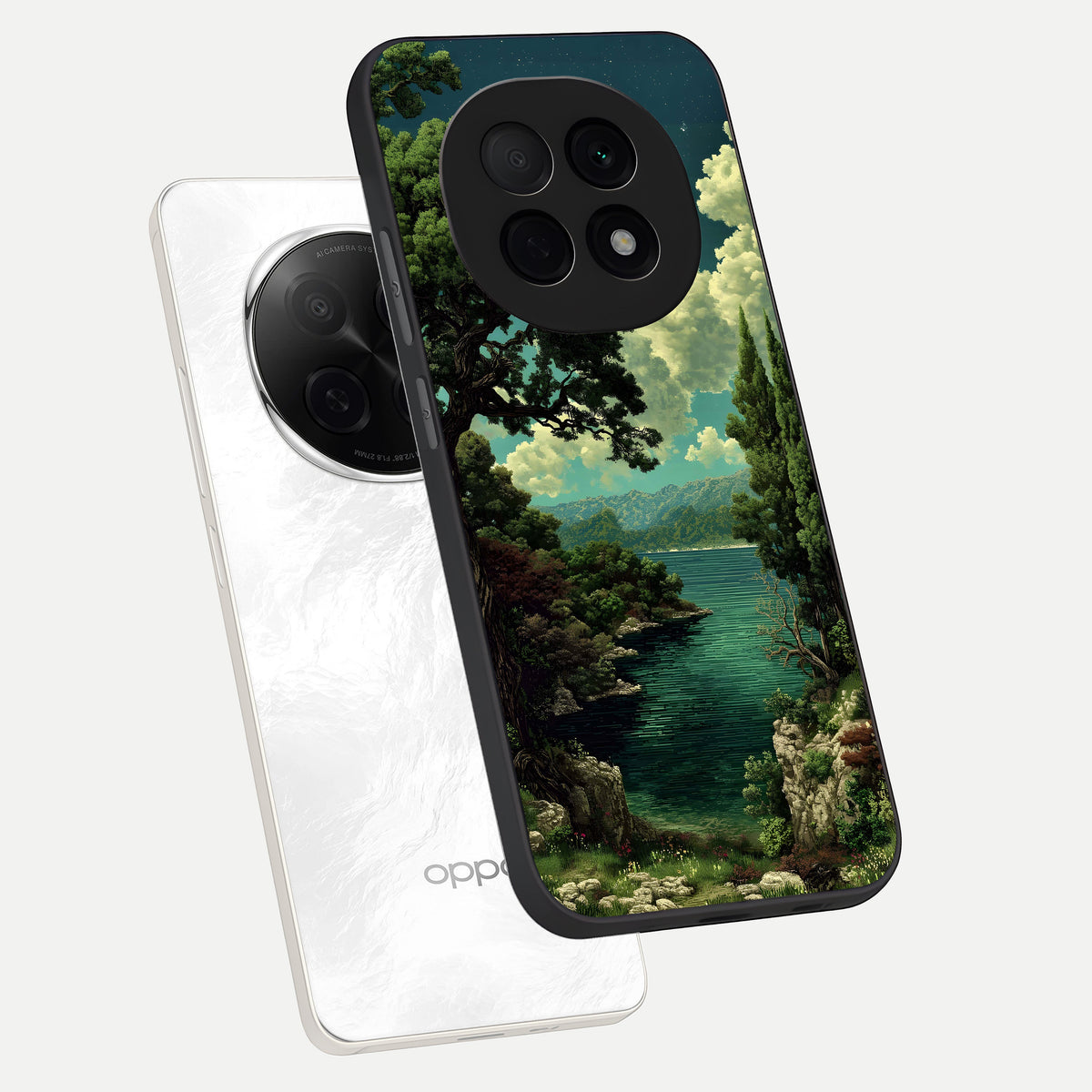  Celestial Lake Peace phone case For Oppo F29 Pro 5G showing premium glass back cover with detailed artwork