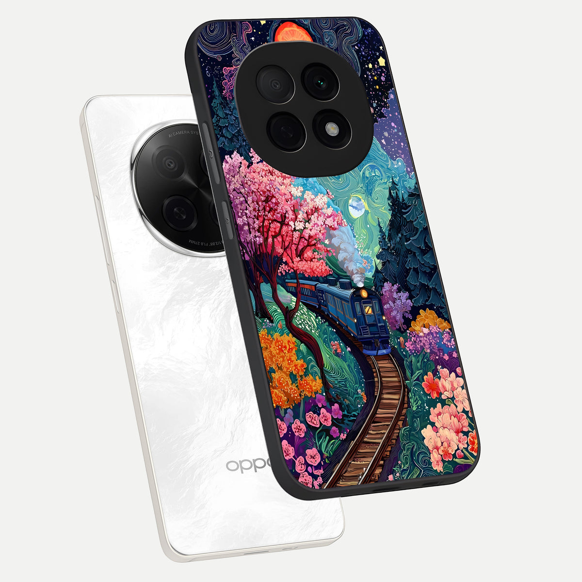  Celestial Train Journey phone case For Oppo F29 Pro 5G showing premium glass back cover with detailed artwork