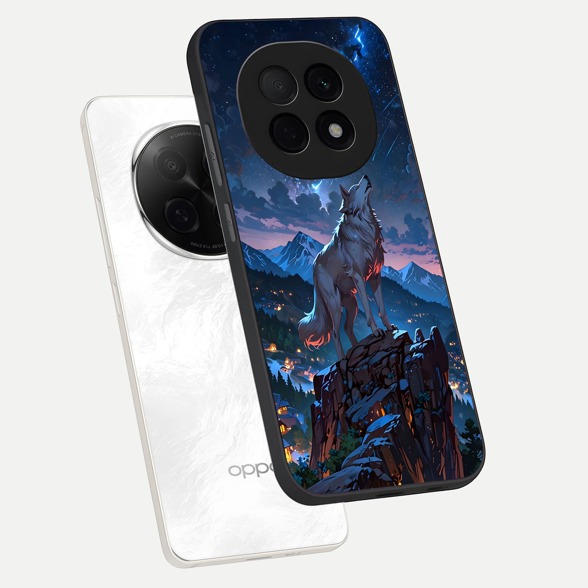  Celestial Wolf Howl phone case For Oppo F29 Pro 5G showing premium glass back cover with detailed artwork