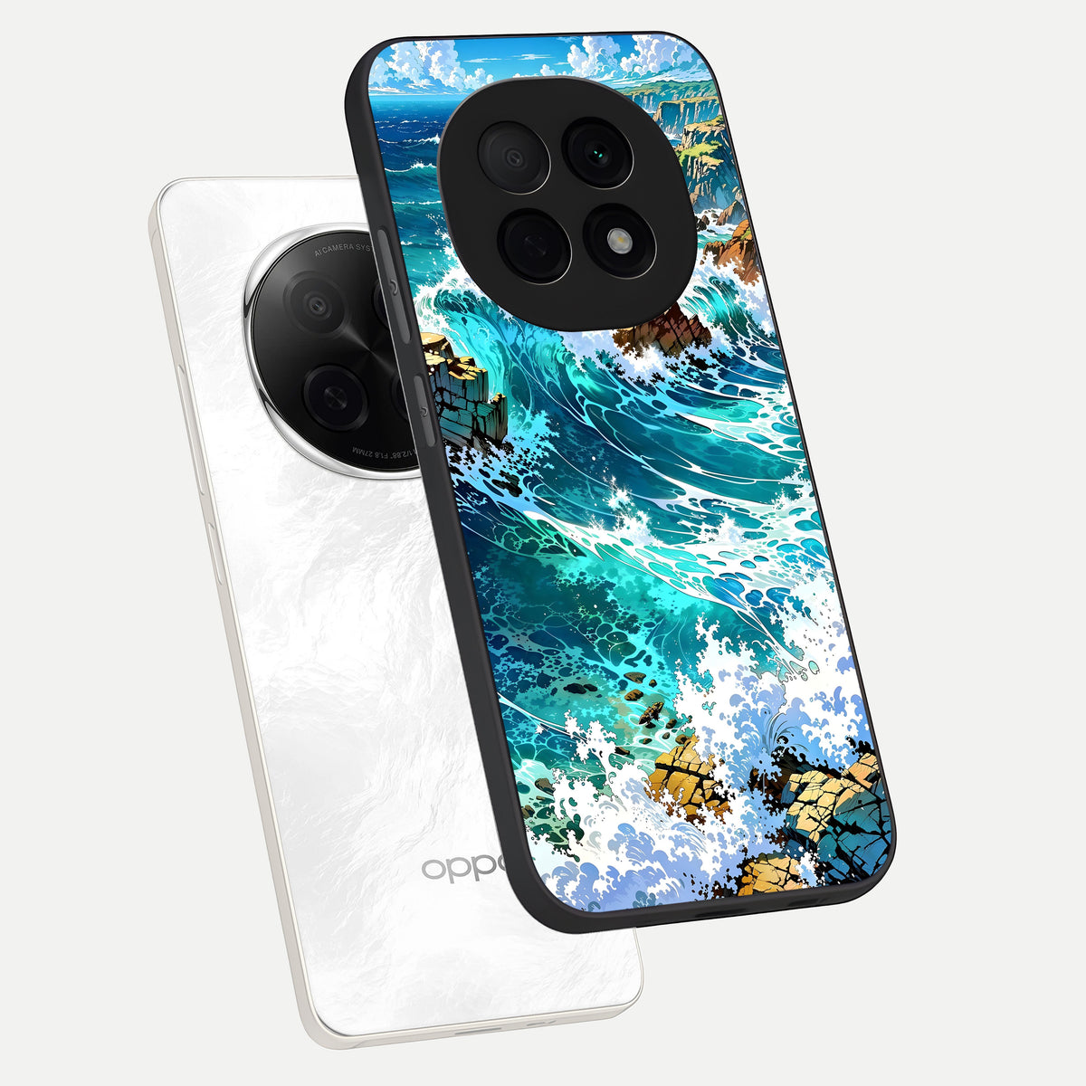  Coastal Blue Waves phone case For Oppo F29 Pro 5G showing premium glass back cover with detailed artwork