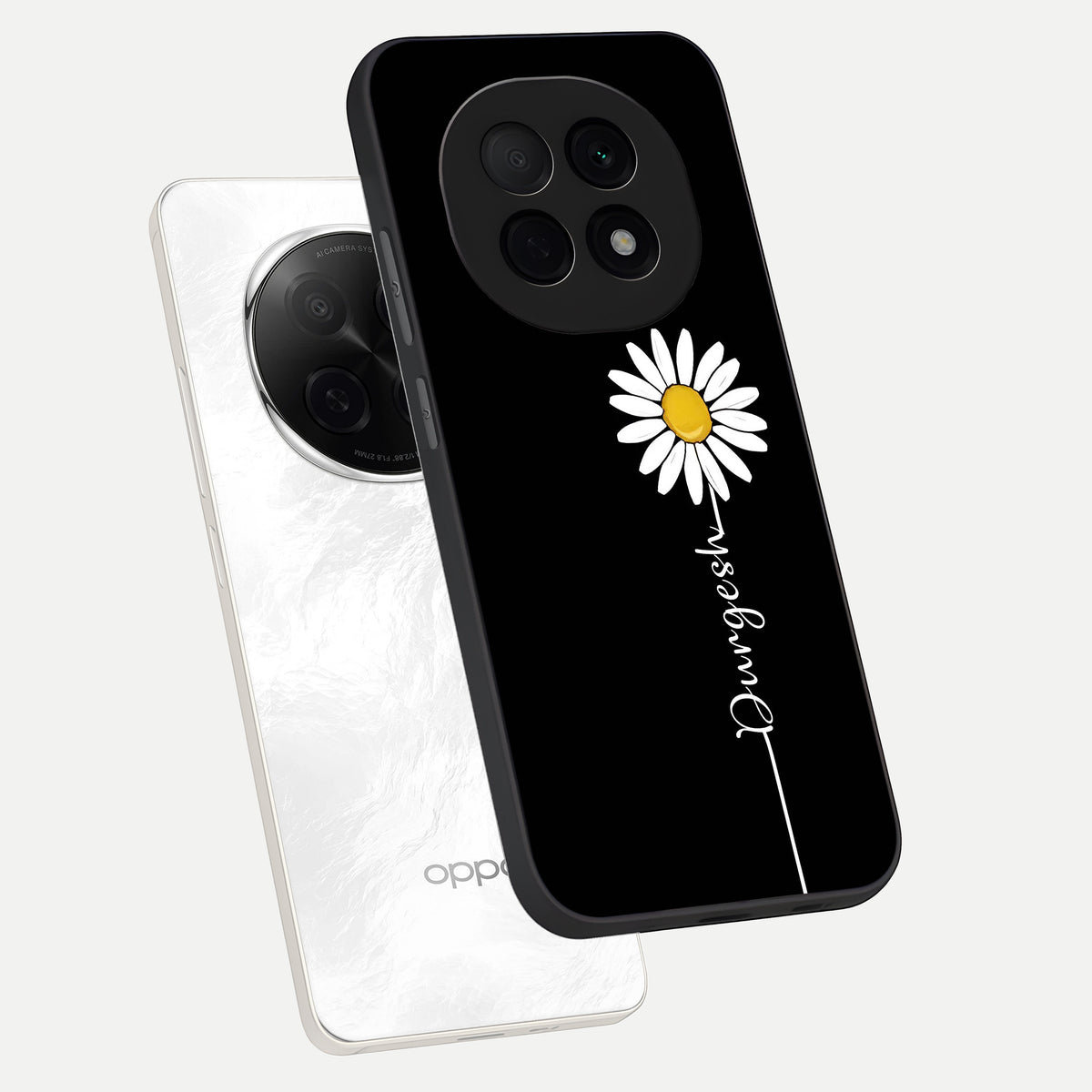  Custom Name White Flower phone case For Oppo F29 Pro 5G showing premium glass back cover with detailed artwork