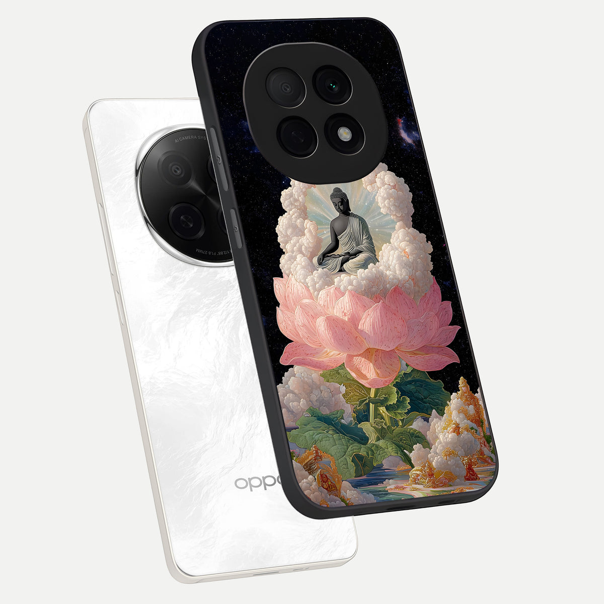  Lotus Divine Peace phone case For Oppo F29 Pro 5G showing premium glass back cover with detailed artwork