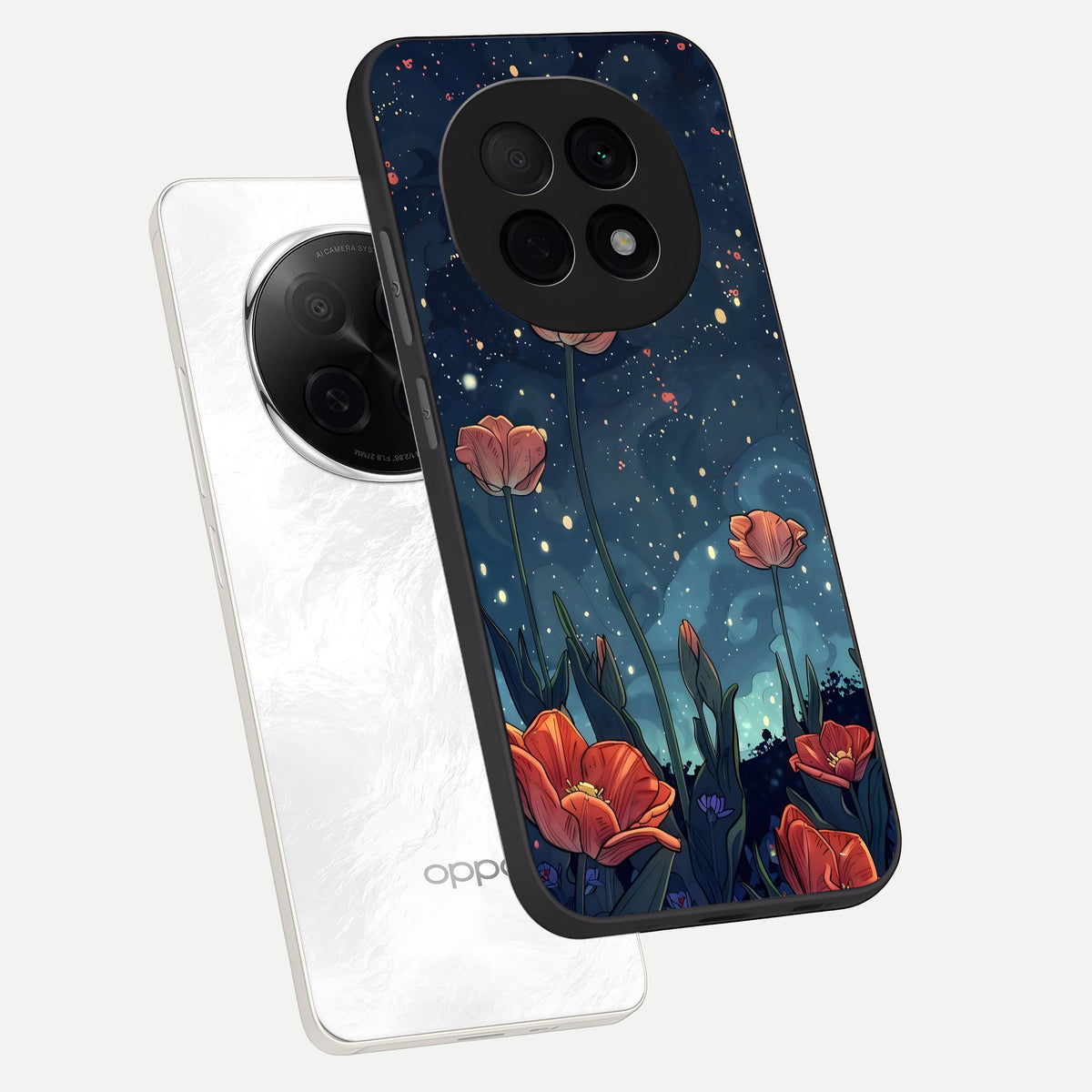  Midnight Tulip Glow phone case For Oppo F29 Pro 5G showing premium glass back cover with detailed artwork