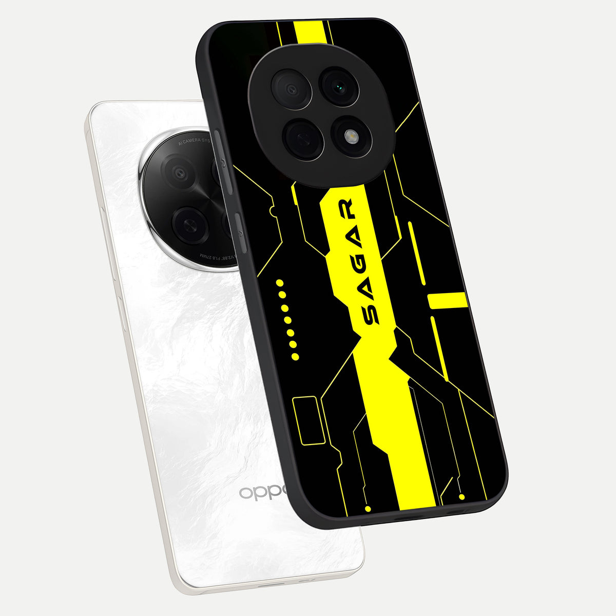  Neon CYBERPUNK Custom Name phone case For Oppo F29 Pro 5G showing premium glass back cover with detailed artwork