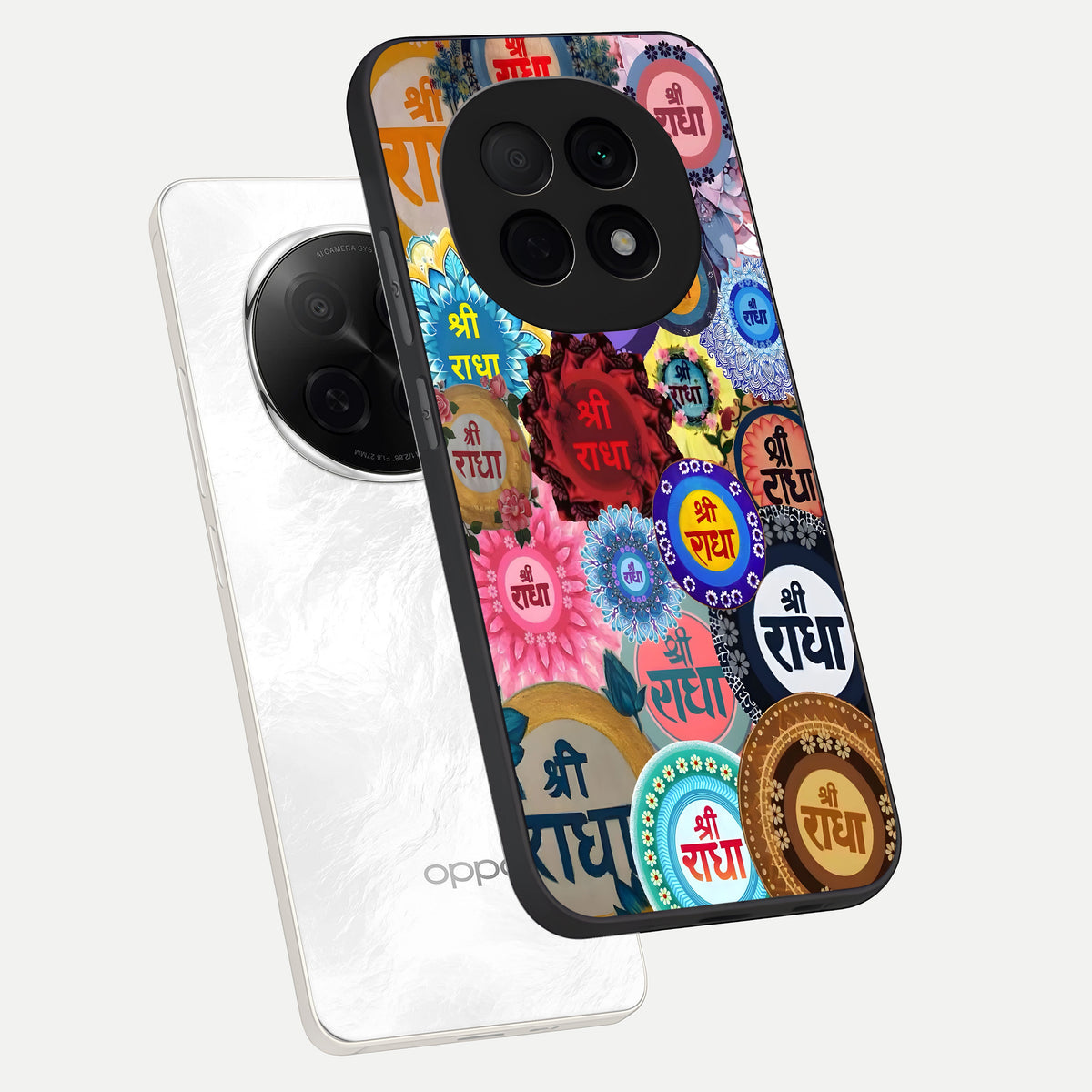  Radha Divine Bloom phone case For Oppo F29 Pro 5G showing premium glass back cover with detailed artwork