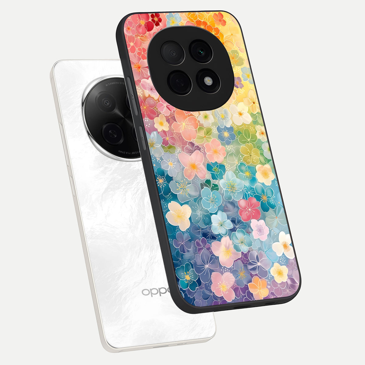  Rainbow Blossom Burst phone case For Oppo F29 Pro 5G showing premium glass back cover with detailed artwork