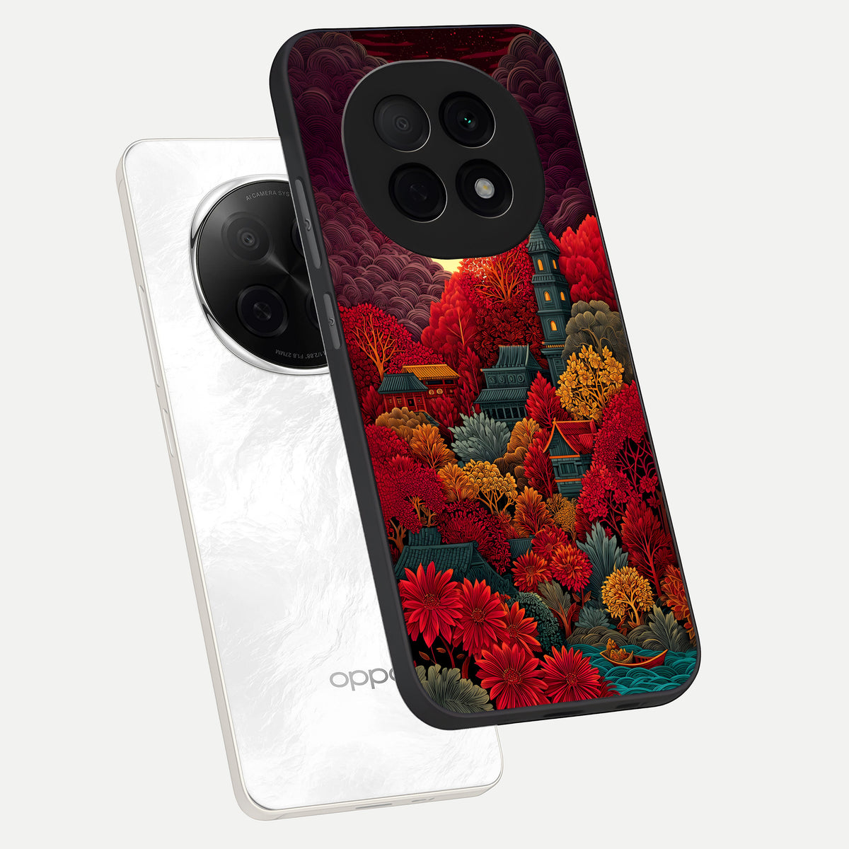  Scarlet Autumn Temple phone case For Oppo F29 Pro 5G showing premium glass back cover with detailed artwork