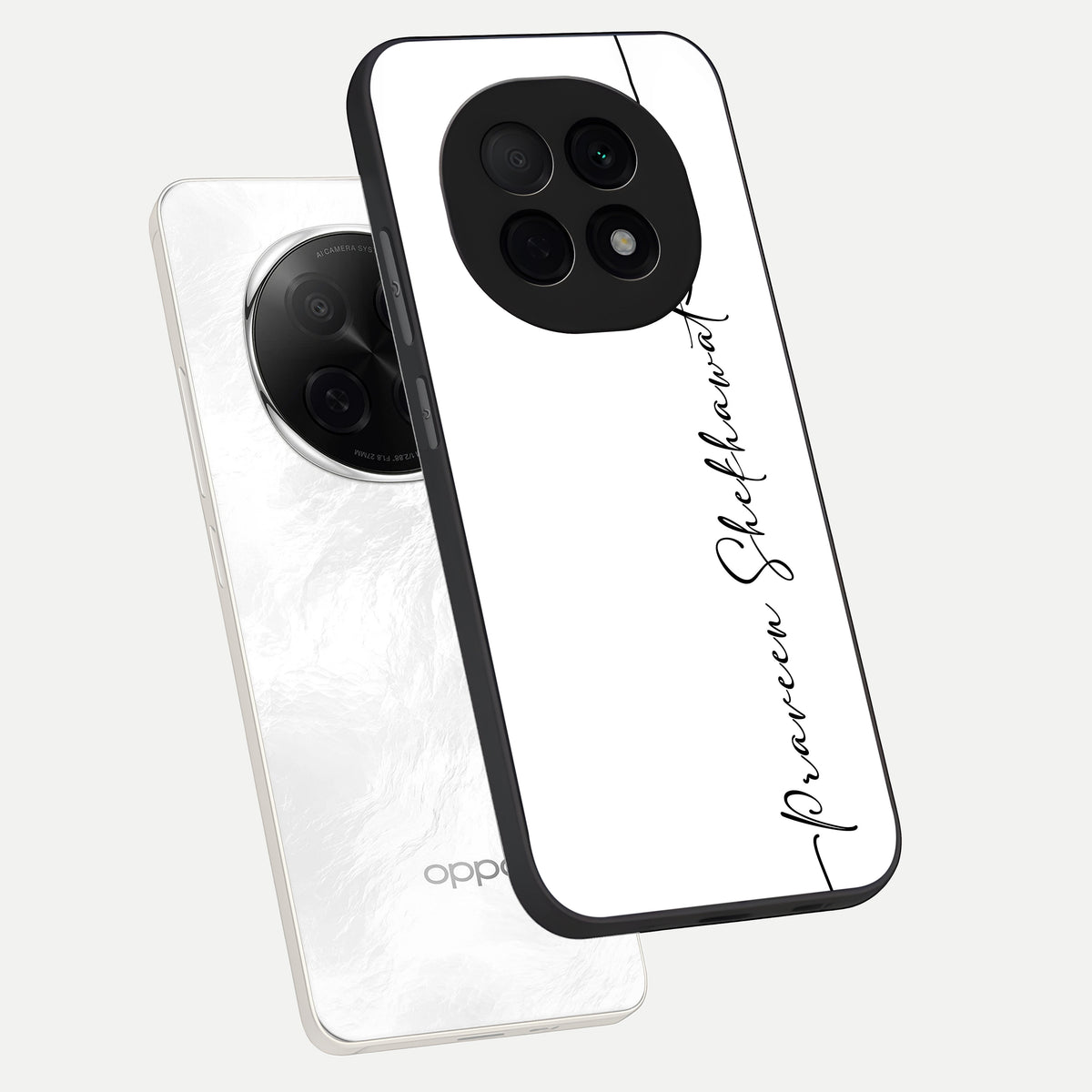  White Tune Custom Name phone case For Oppo F29 Pro 5G showing premium custom name glass back cover