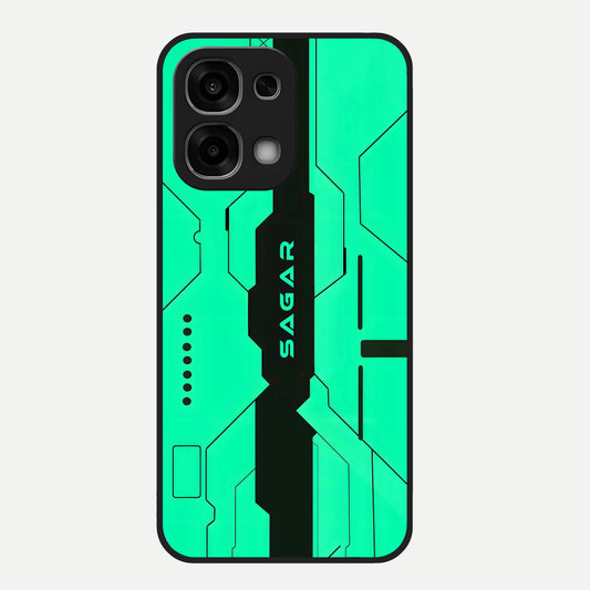  Aqua Tech CYBERPUNK Custom Name Glass Case For Oppo F33 5G back cover – full design glossy printed glass finish