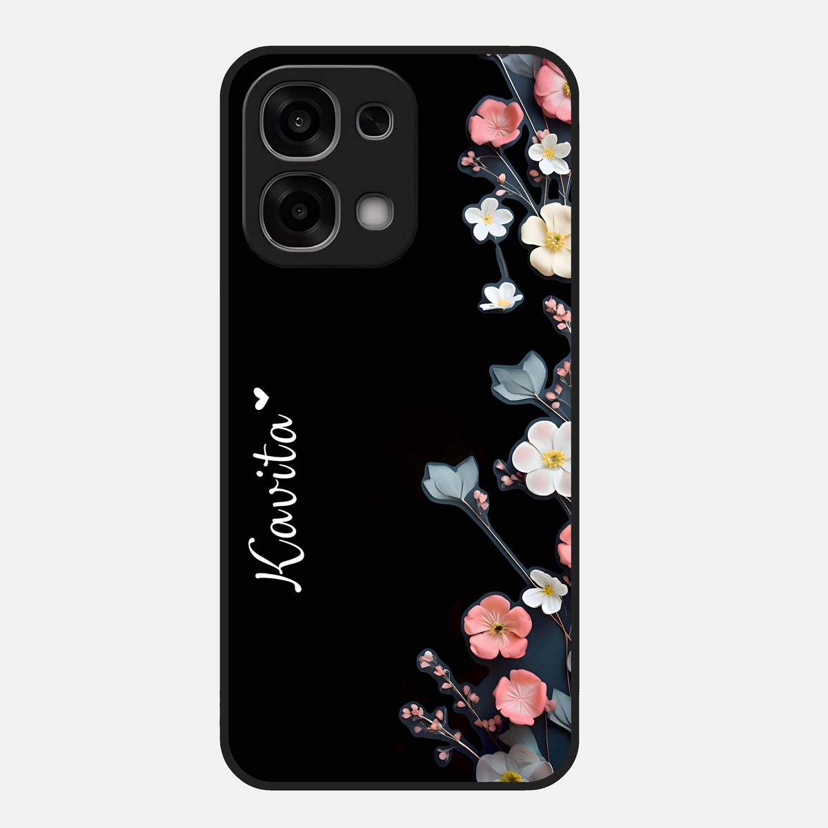  Black Elegance Floral Custom Name Glass Case For Oppo F33 5G back cover – full design glossy printed glass finish