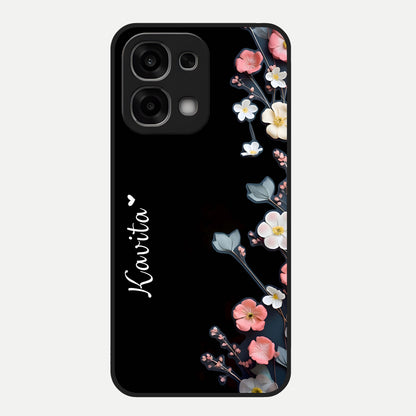  Black Elegance Floral Custom Name Glass Case For Oppo F33 5G back cover – full design glossy printed glass finish