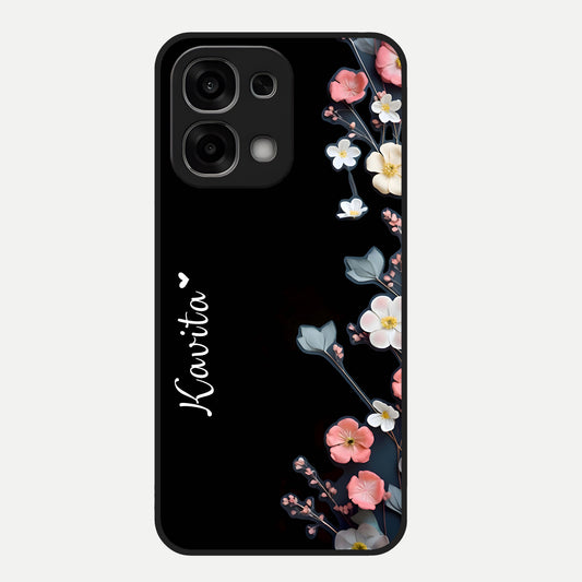  Black Elegance Floral Custom Name Glass Case For Oppo F33 5G back cover – full design glossy printed glass finish