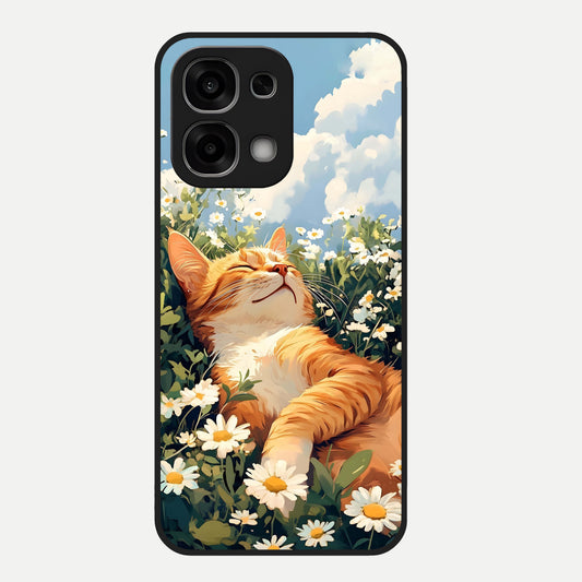  Cat And Flowers View Glass Case For Oppo F33 5G back cover – full design glossy printed glass finish
