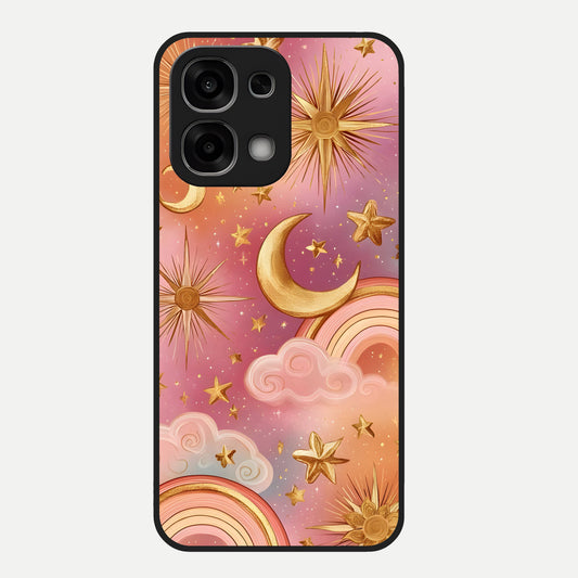  Golden Celestial Dreams Glass Case For Oppo F33 5G back cover – full design glossy printed glass finish