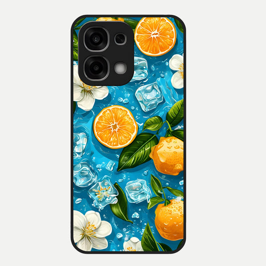 Ice Cube With Orange Glass Case For Oppo F33 5G back cover – full design glossy printed glass finish