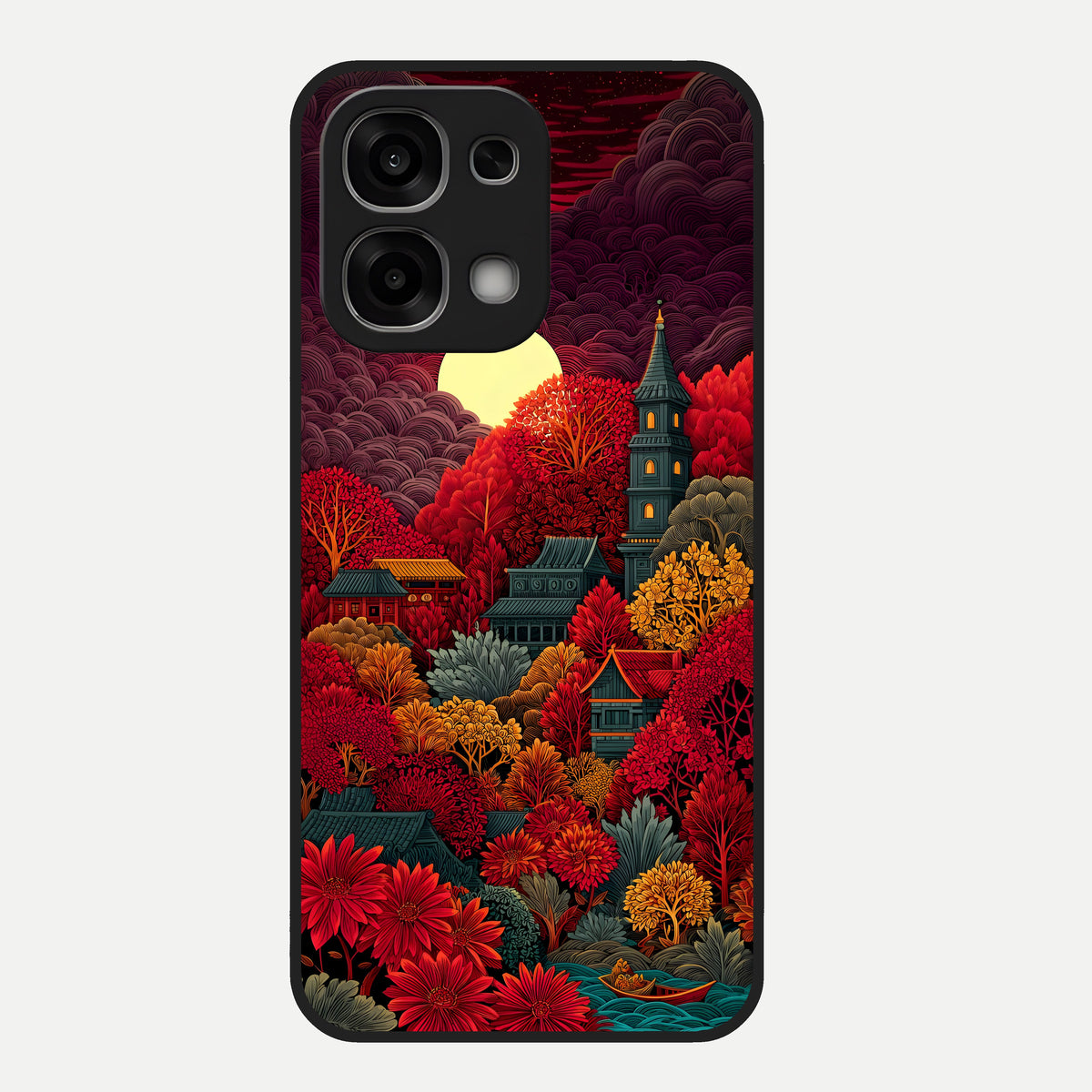  Scarlet Autumn Temple Glass Case For Oppo F33 5G back cover – full design glossy printed glass finish