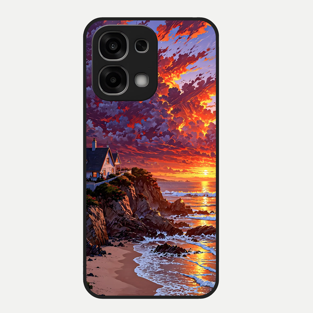  Sunset House By Sea Glass Case For Oppo F33 5G back cover – full design glossy printed glass finish