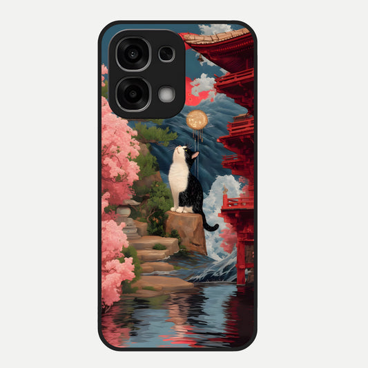 Temple Cat Scenery Glass Case For Oppo F33 5G back cover – full design glossy printed glass finish