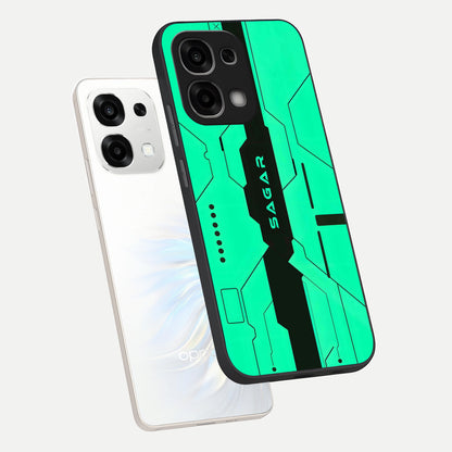  Aqua Tech CYBERPUNK Custom Name phone case For Oppo F33 5G showing premium glass back cover with detailed artwork