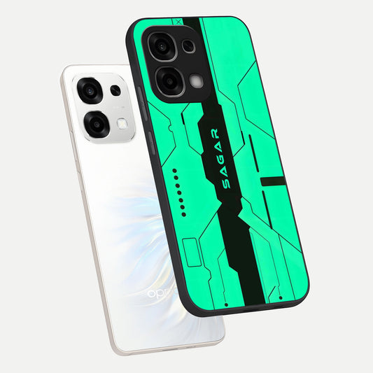  Aqua Tech CYBERPUNK Custom Name phone case For Oppo F33 5G showing premium glass back cover with detailed artwork