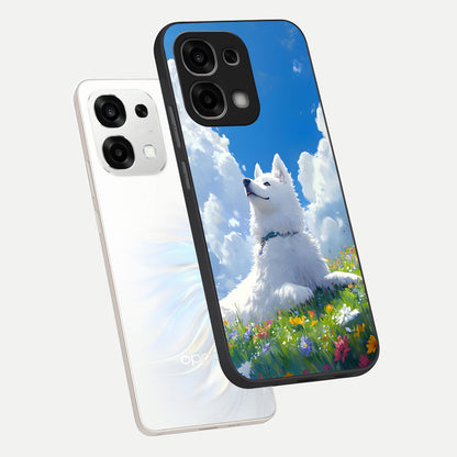  Blissful Cloud Pup phone case For Oppo F33 5G showing premium glass back cover with detailed artwork