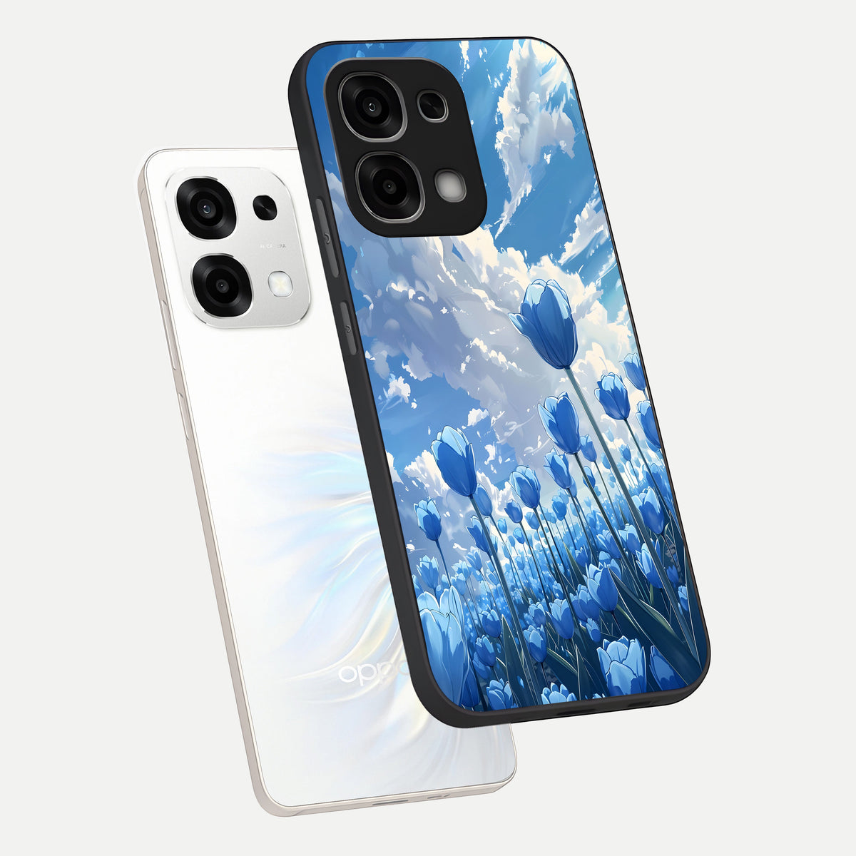  Blue Tulip Clouds phone case For Oppo F33 5G showing premium glass back cover with detailed artwork