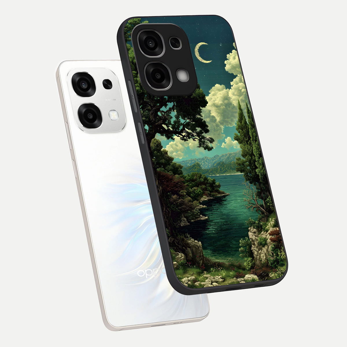  Celestial Lake Peace phone case For Oppo F33 5G showing premium glass back cover with detailed artwork