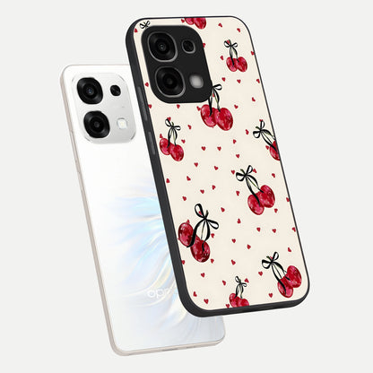  Cherry Heart Bow phone case For Oppo F33 5G showing premium glass back cover with detailed artwork
