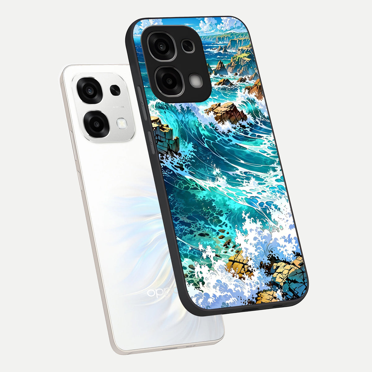  Coastal Blue Waves phone case For Oppo F33 5G showing premium glass back cover with detailed artwork