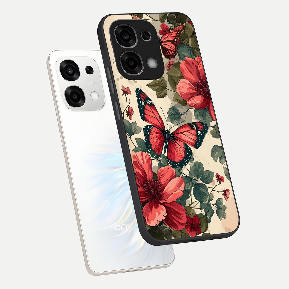  Crimson Butterfly Garden phone case For Oppo F33 5G showing premium glass back cover with detailed artwork