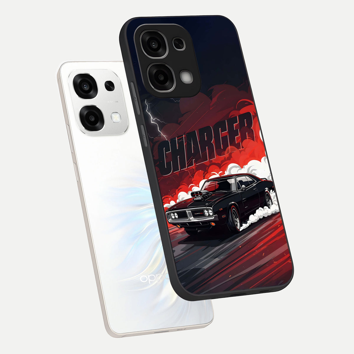  Dark Charger Fury phone case For Oppo F33 5G showing premium glass back cover with detailed artwork