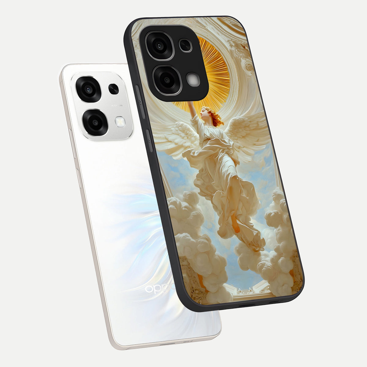  Divine Light Angel phone case For Oppo F33 5G showing premium glass back cover with detailed artwork