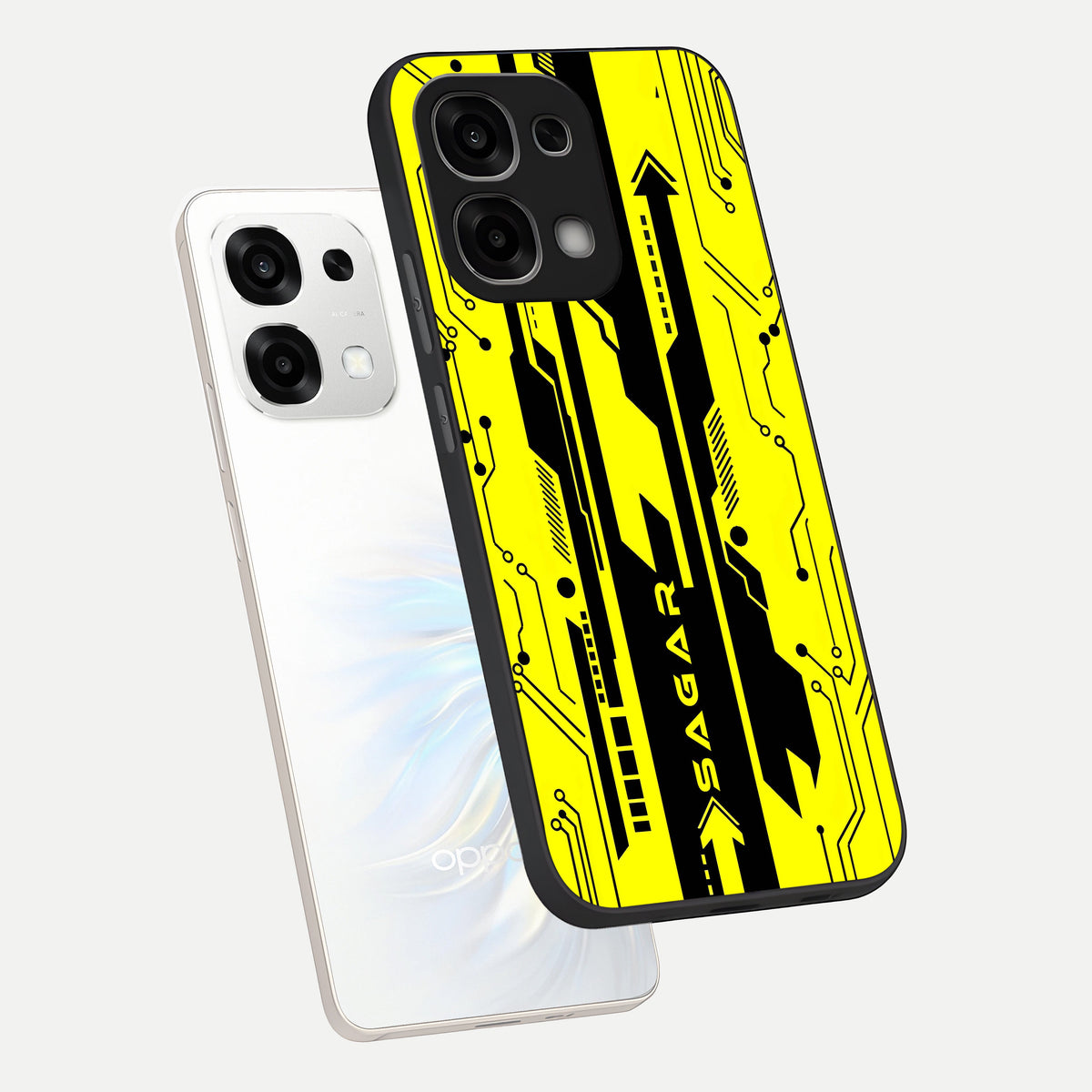  Electric Pulse CYBERPUNK Custom Name phone case For Oppo F33 5G showing premium glass back cover with detailed artwork